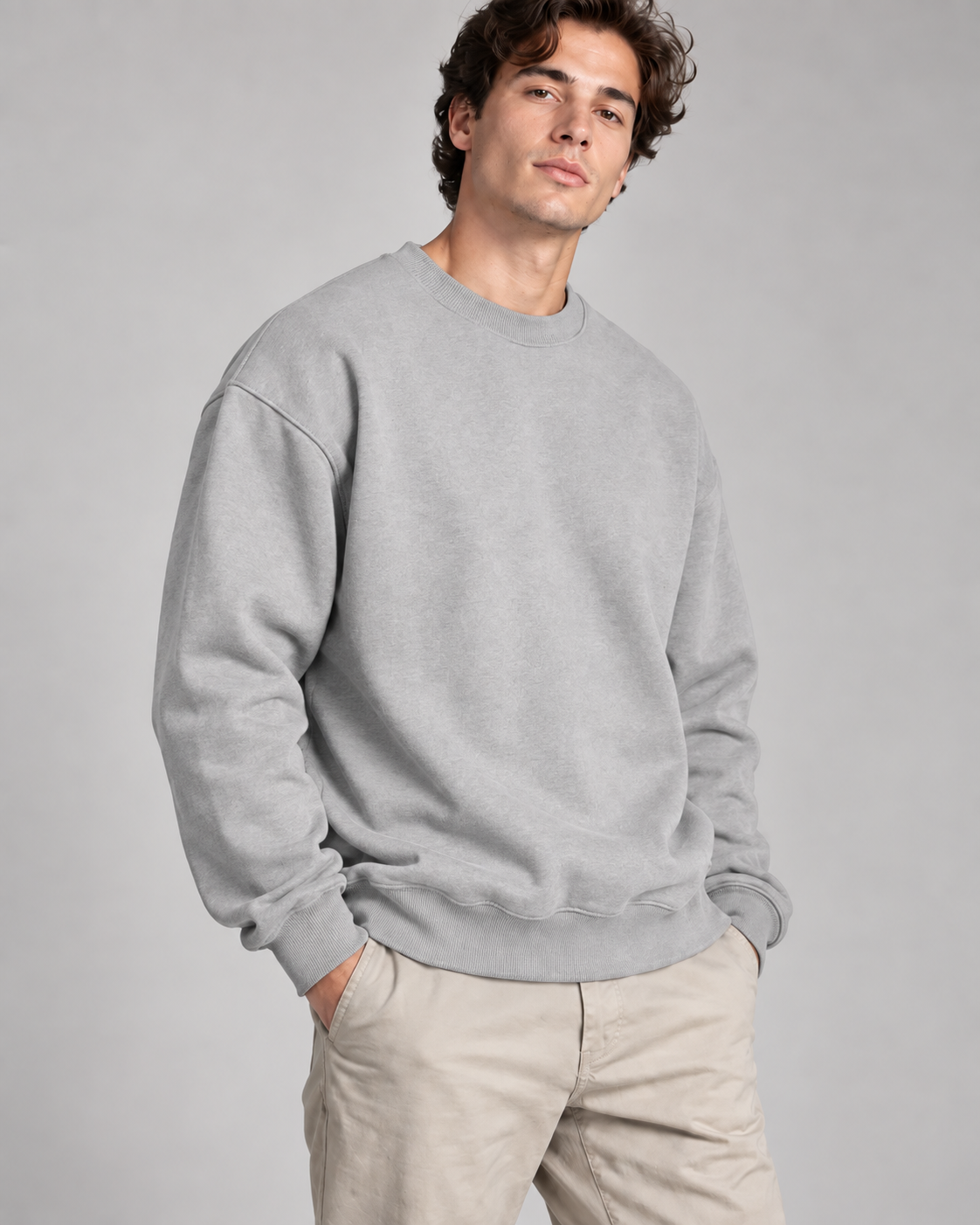 Grey melange solid crewneck sweatshirt, 300 GSM fleece | Noir & Lin