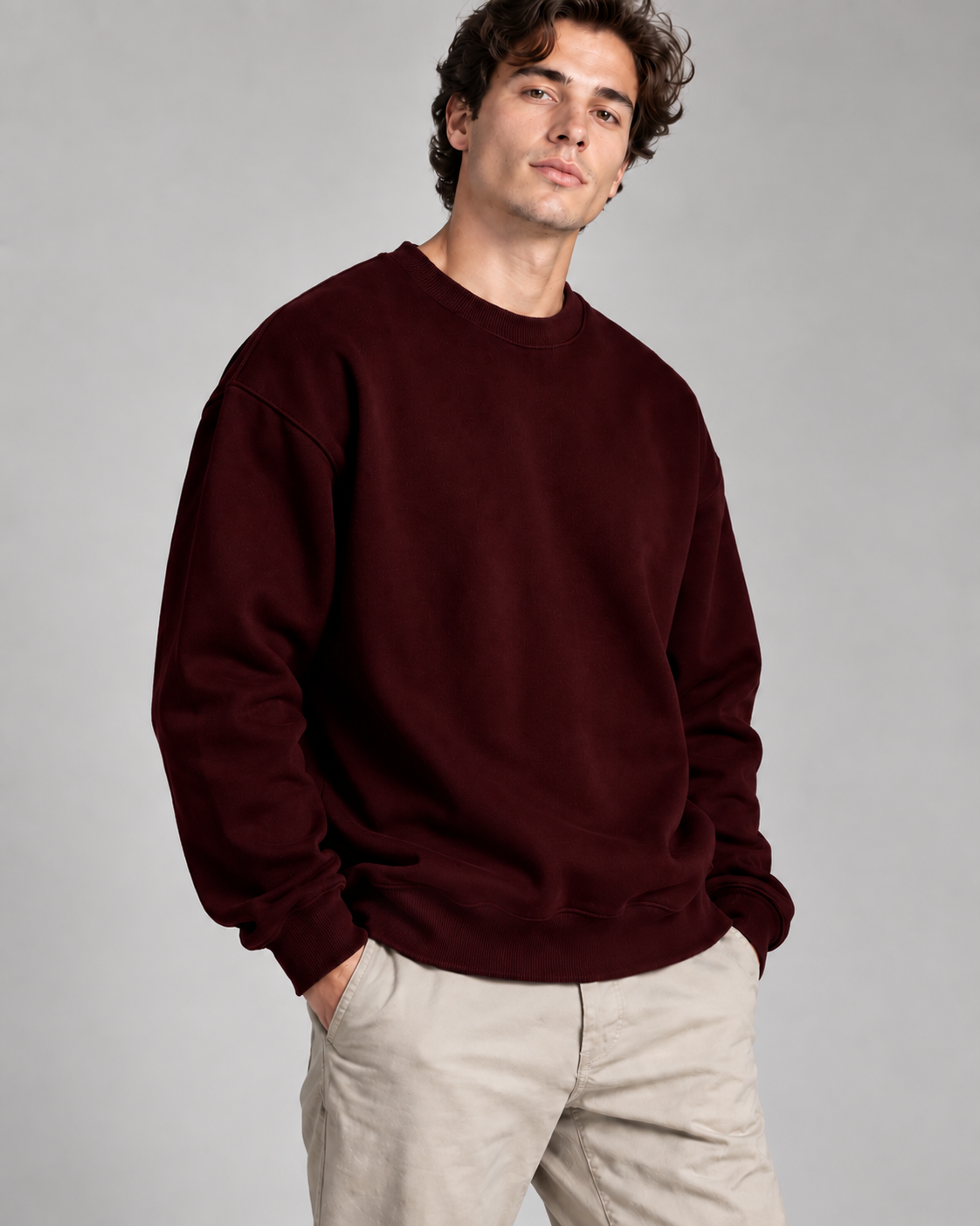 Maroon solid crewneck sweatshirt, 300 GSM fleece | Noir & Lin