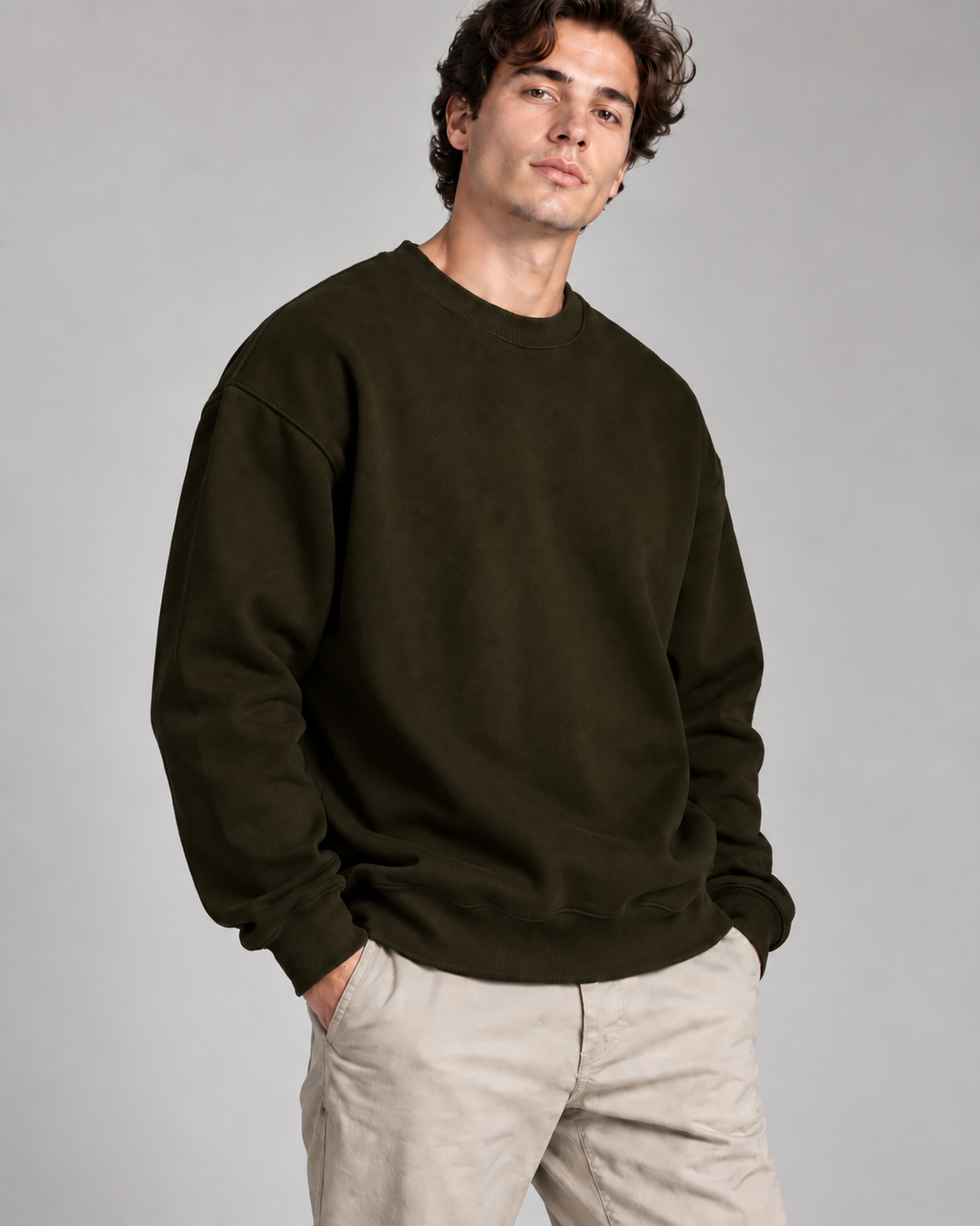 Olive green solid crewneck sweatshirt, 300 GSM fleece | Noir & Lin