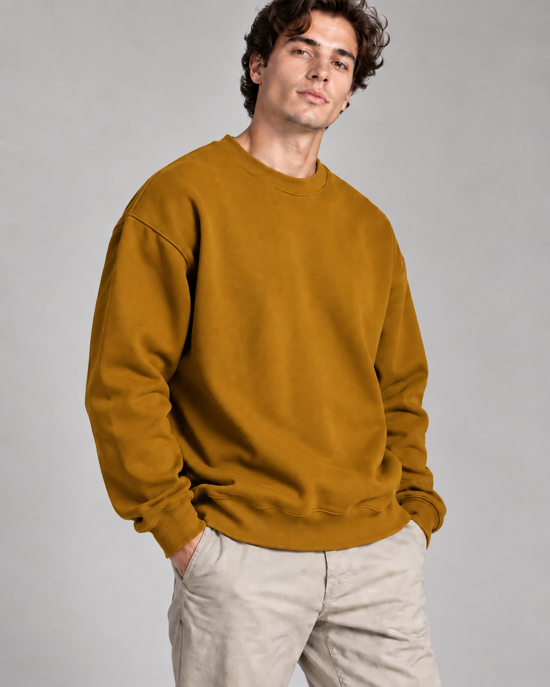 Mustard yellow solid crewneck sweatshirt, 300 GSM fleece | Noir & Lin