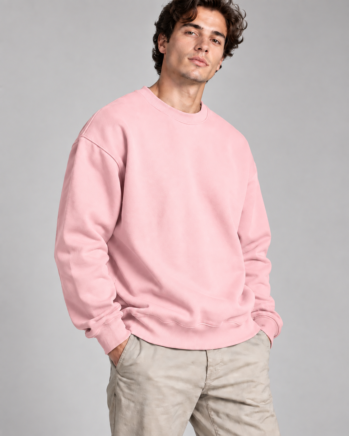 Light baby pink solid crewneck sweatshirt, 300 GSM fleece | Noir & Lin