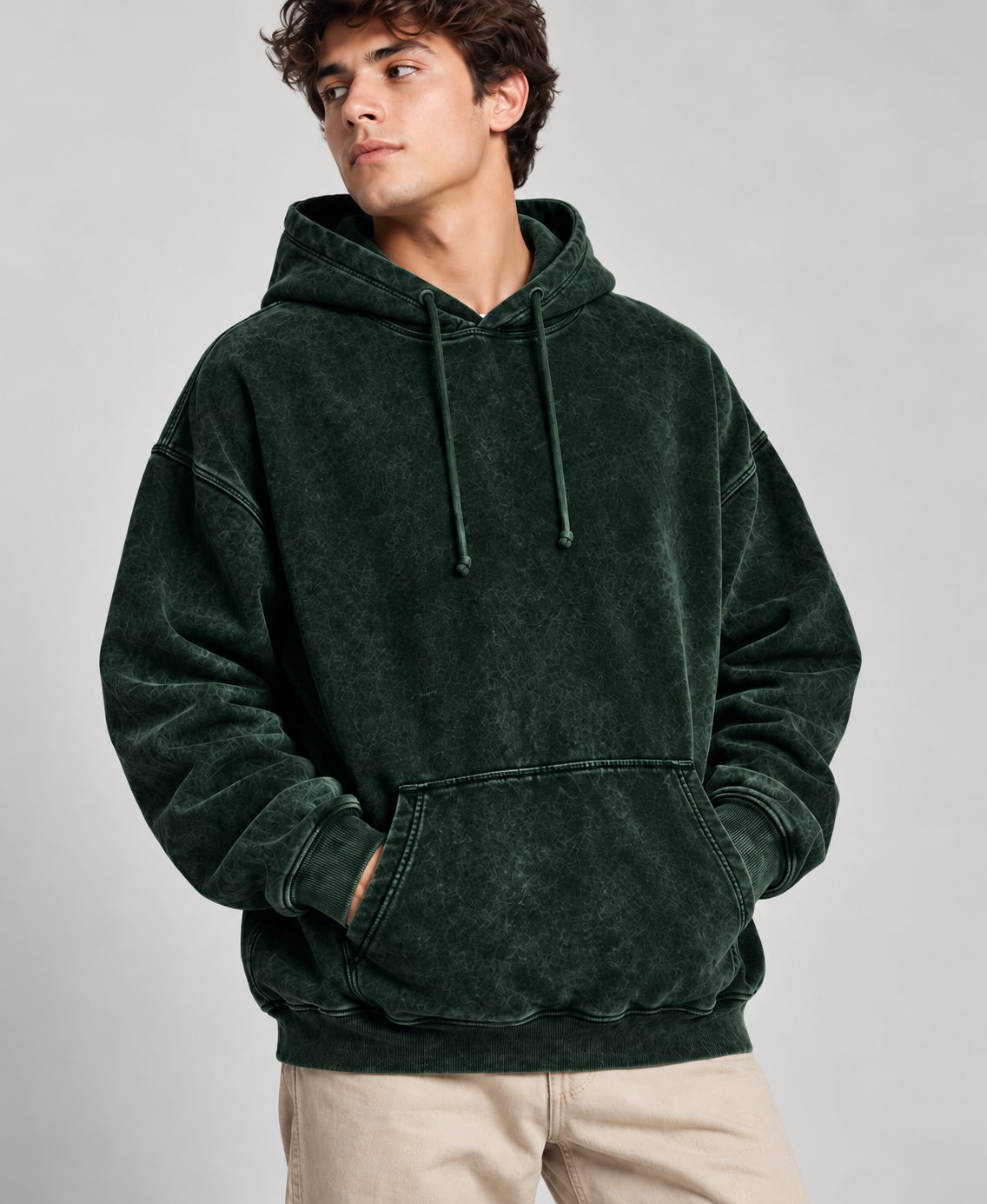 Vintage Acid Washed Hoodie in Bottle Green