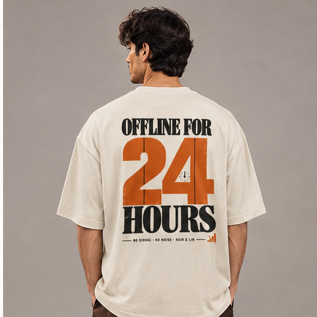Noir & Lin OFFLINE 24 HOURS oversized graphic tee in Off White, back view on model
