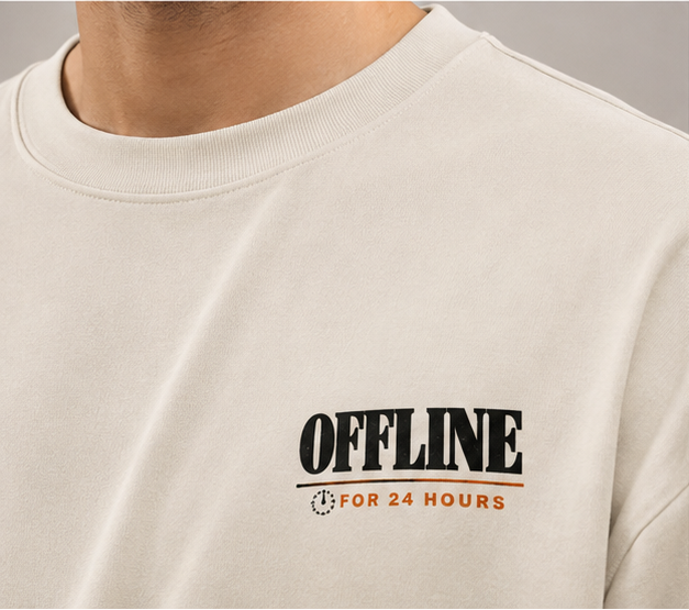 Noir & Lin OFFLINE 24 HOURS oversized graphic tee in Off White, chest print close-up