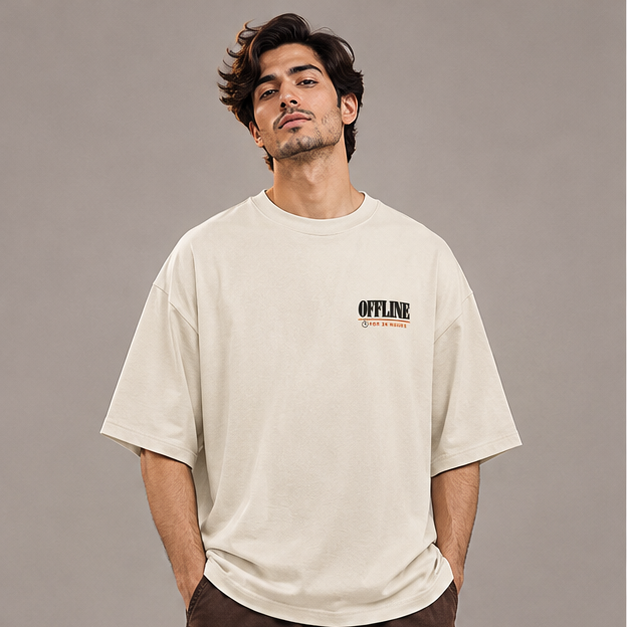 Noir & Lin OFFLINE 24 HOURS oversized graphic tee in Off White, front view on model