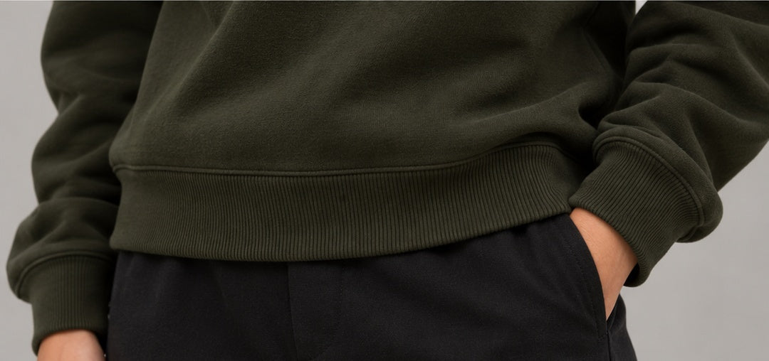 Noir & Lin QUIET STRENGTH sweatshirt in Olive Green, ribbed hem