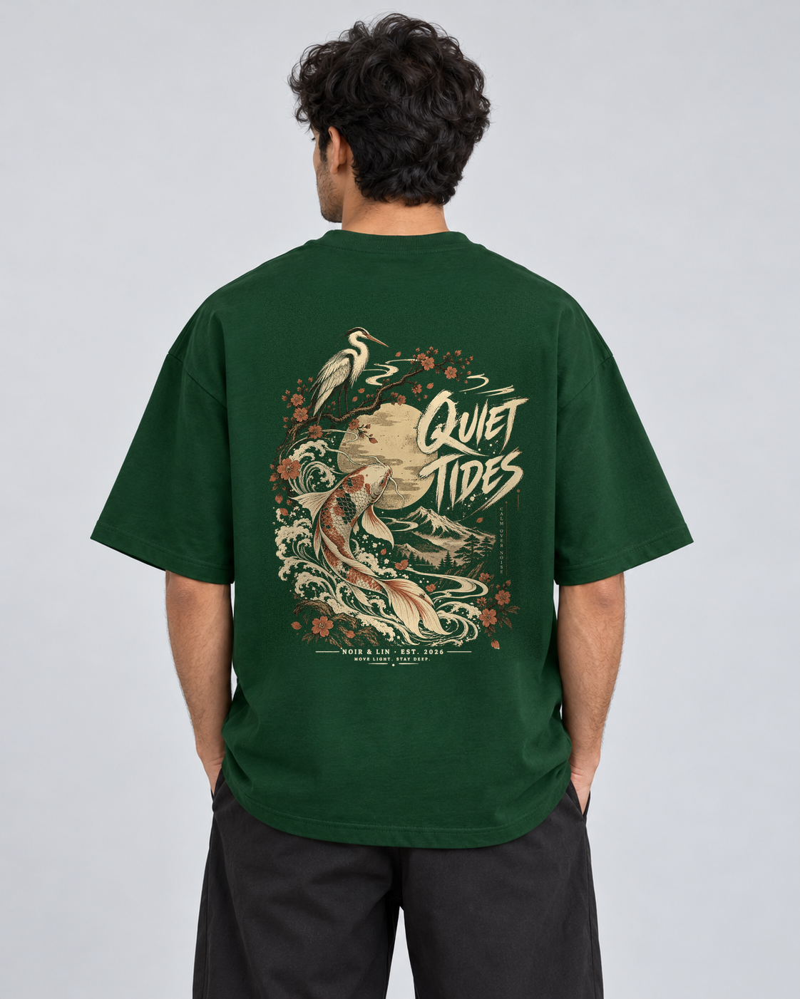 Noir & Lin QUIET TIDES oversized graphic tee in Bottle Green, back view on model
