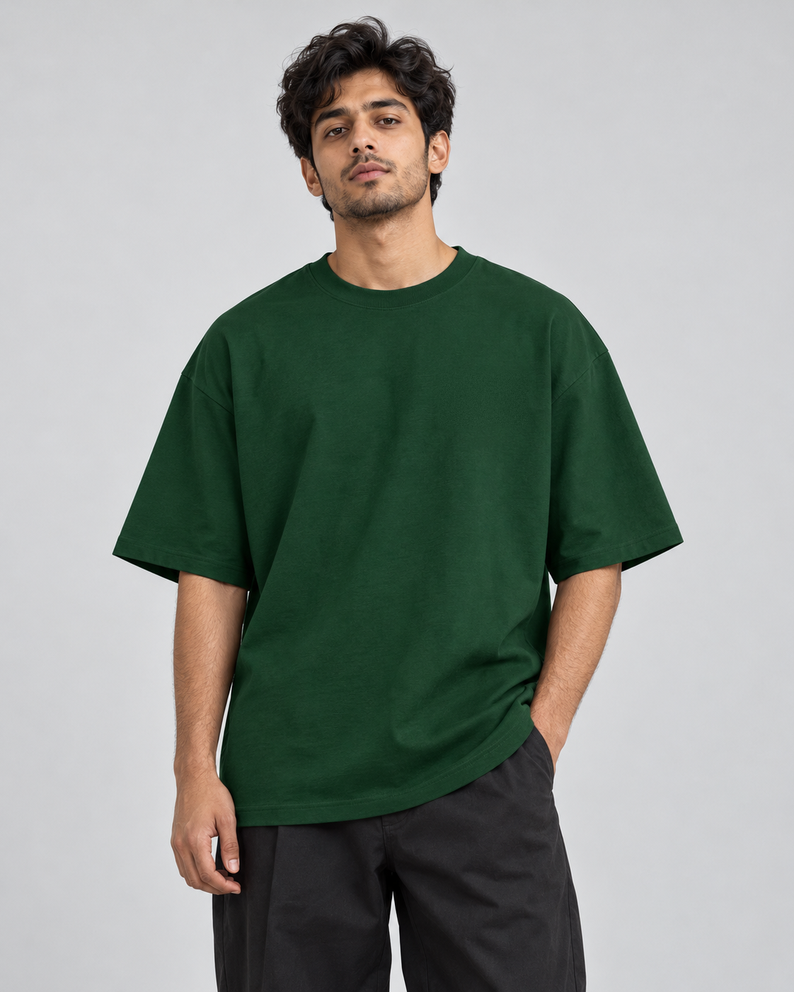 Noir & Lin QUIET TIDES oversized graphic tee in Bottle Green, plain front view on model