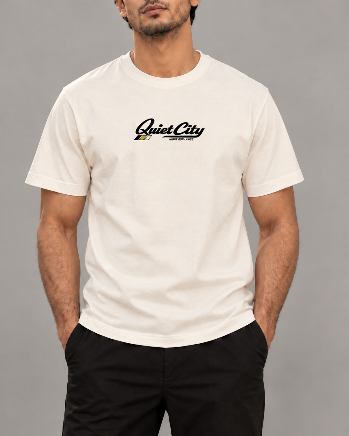 Noir & Lin Quiet City — Night Run graphic tee in Off White, front lifestyle photo (AI-generated model image)