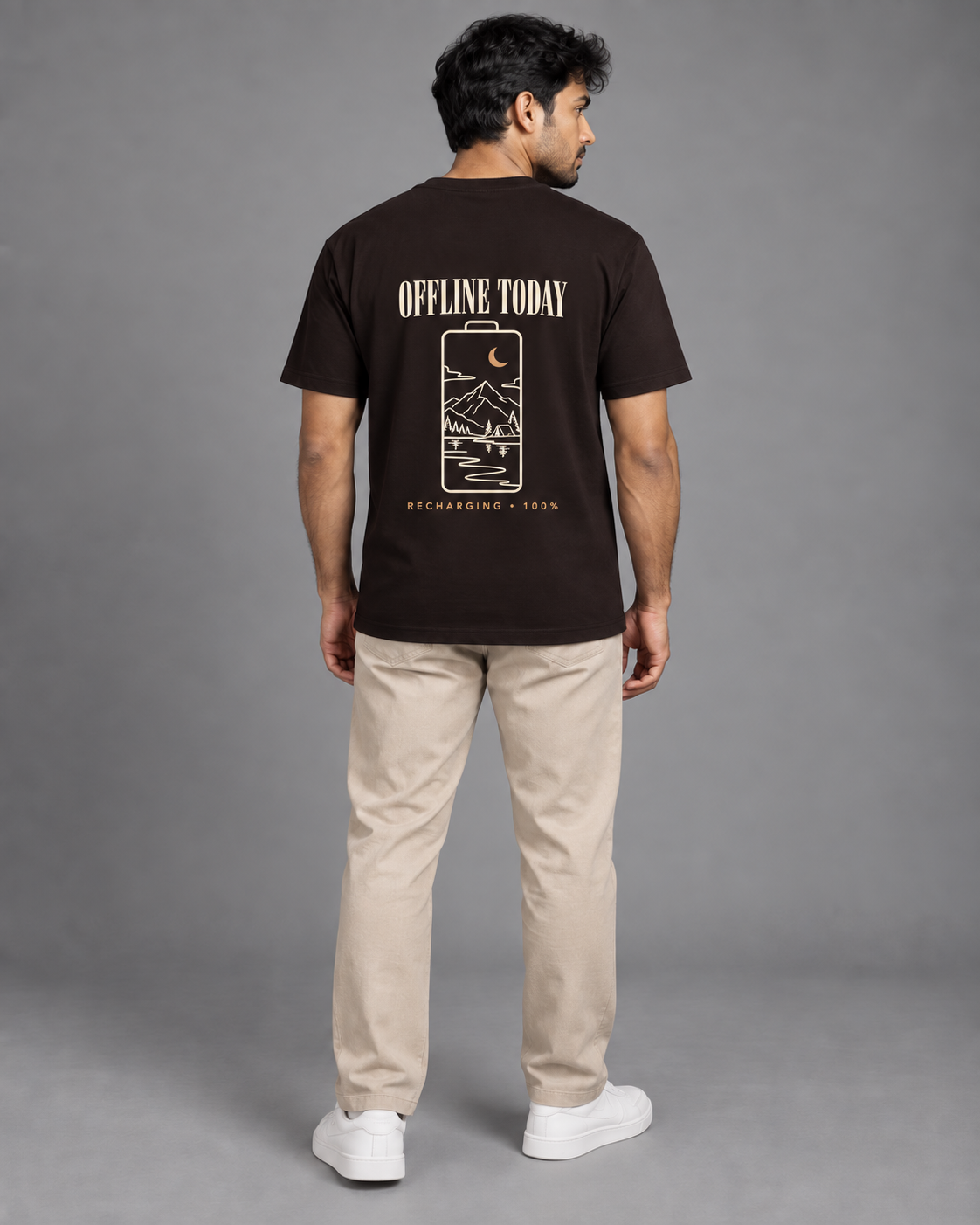 Noir & Lin OFFLINE TODAY graphic tee in Coffee Brown, styled shot