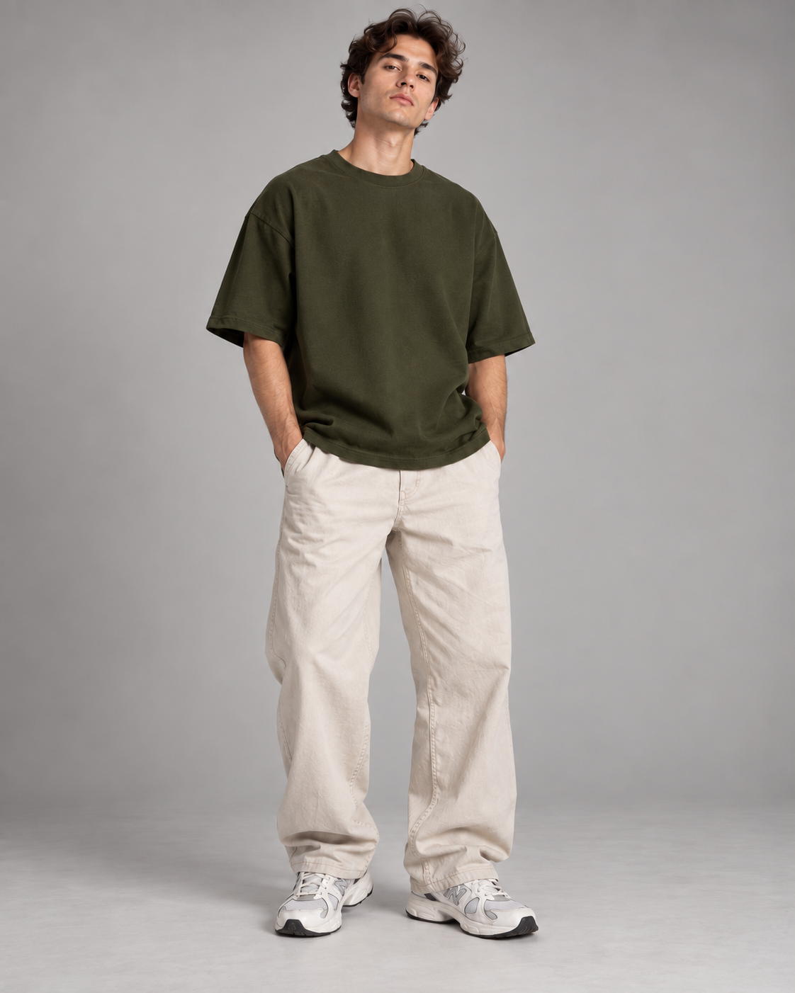 Noir & Lin Westward Echo oversized tee in Olive Green, styled detail shot