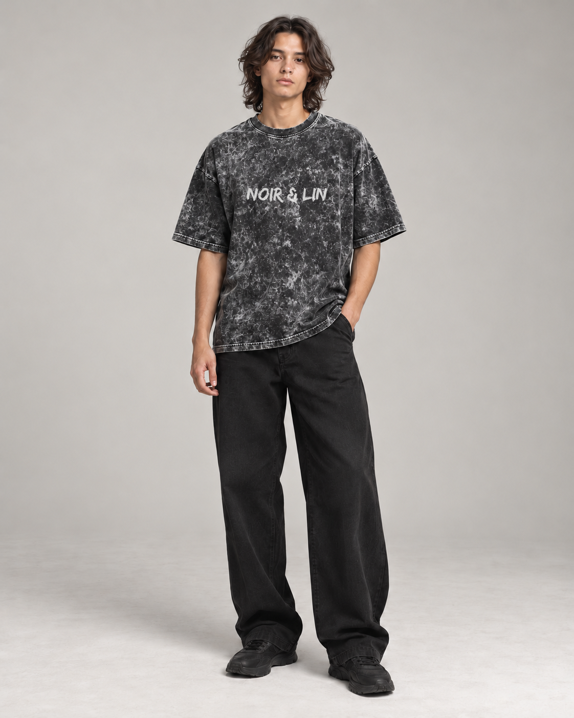 Noir & Lin Signature acid wash oversized t-shirt, styled photo 2