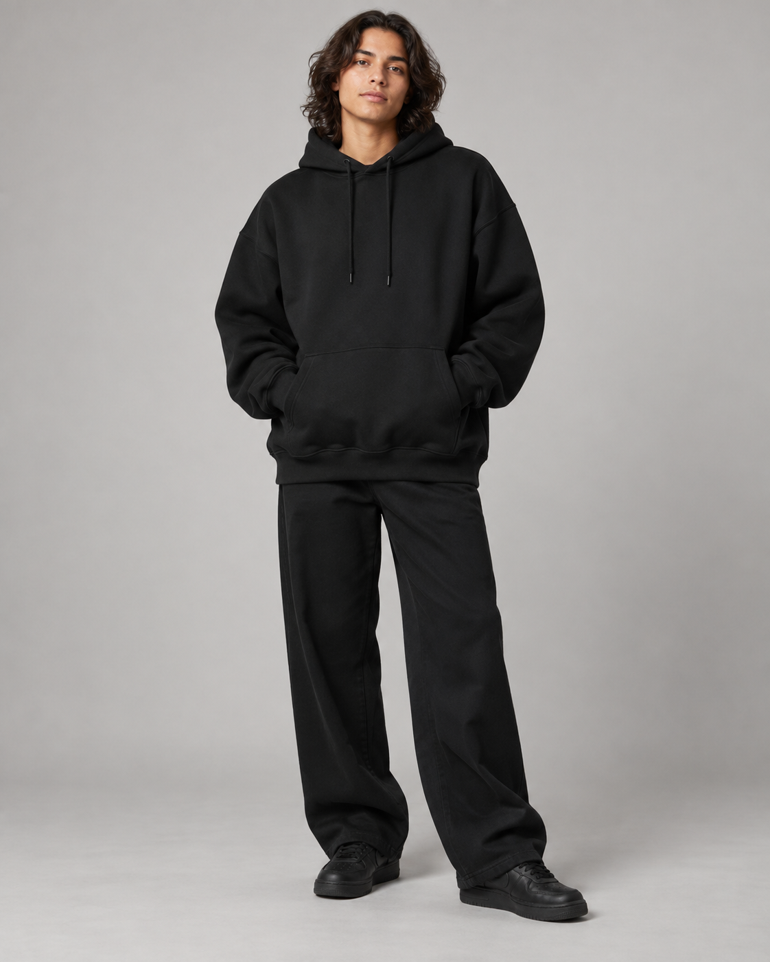 Unisex oversized hoodie, 400 GSM heavyweight cotton fleece | Noir & Lin, styled photo 2