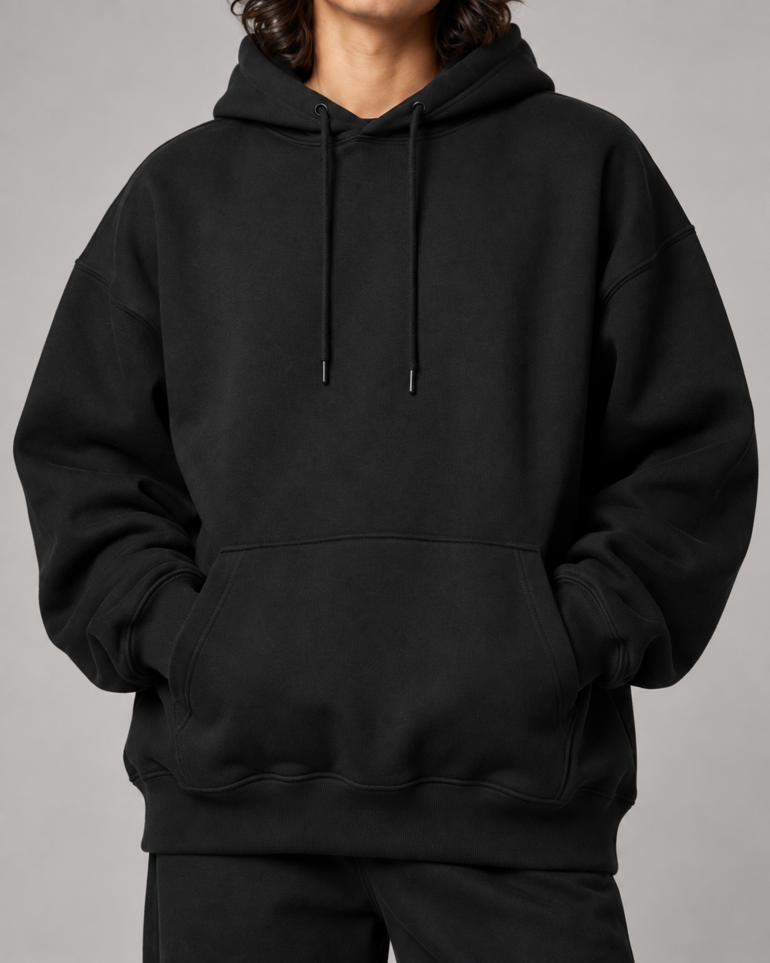 Unisex oversized hoodie, 400 GSM heavyweight cotton fleece | Noir & Lin, styled photo 1