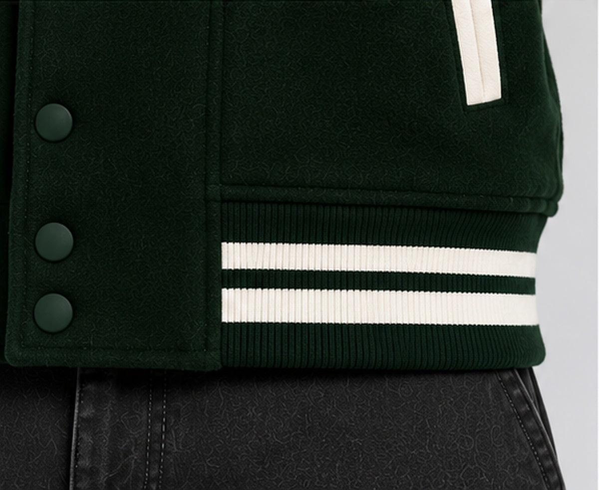Noir & Lin varsity jacket, fabric and print close-up 2