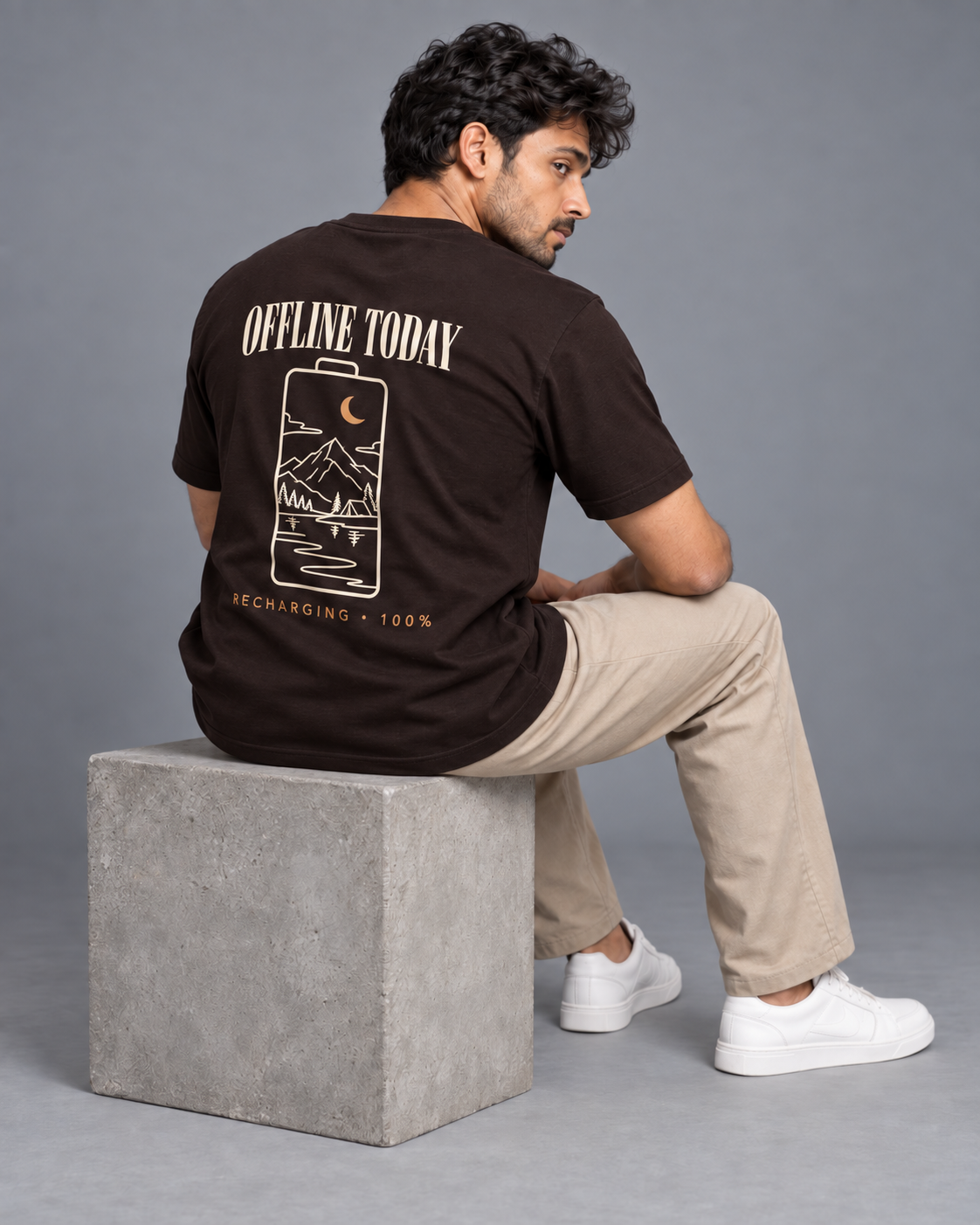 Noir & Lin OFFLINE TODAY graphic tee in Coffee Brown, back view