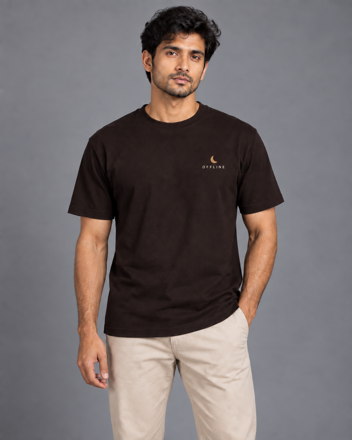 Noir & Lin OFFLINE TODAY graphic tee in Coffee Brown, print detail shot