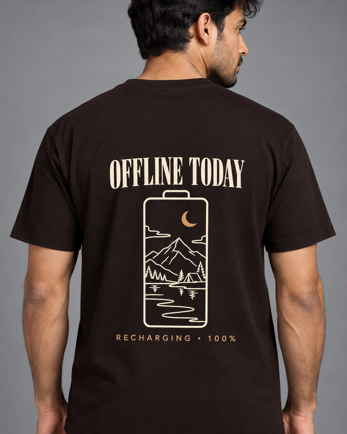 Noir & Lin OFFLINE TODAY graphic tee in Coffee Brown, front view
