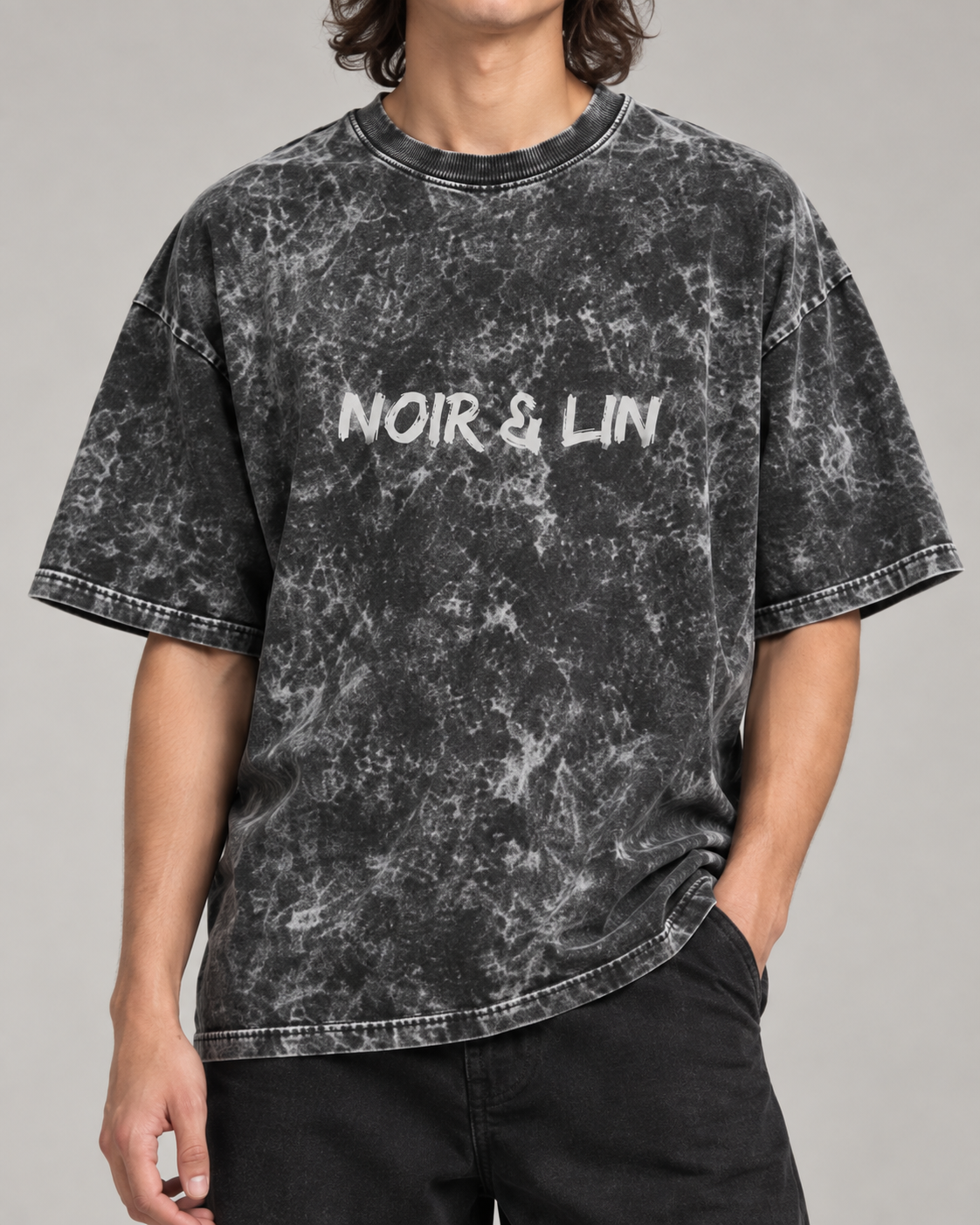 Noir & Lin Signature acid wash oversized t-shirt, styled photo 1